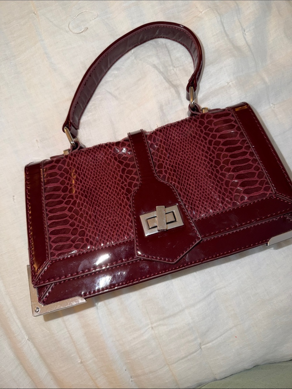 White House Black Market Patent Croc-Embossed Mini Top Handle Bag in Burgundy